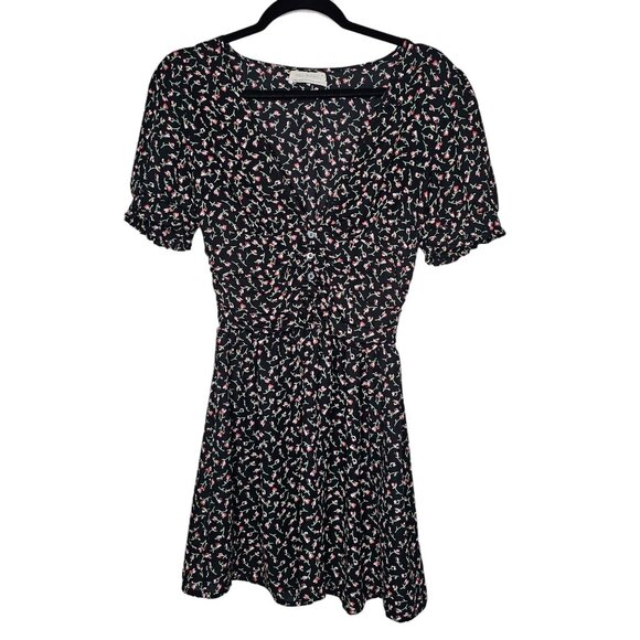 Urban Outfitters S Black Ditsy Floral Dress Mini Button Ruched Babydoll Feminine - Picture 1 of 7